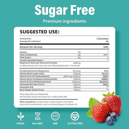 Magnesium Glycinate Gummies Sugar Free 90 for Adults & Kids,400mg Chewable Magnesium Gummies with 200mg L-Threonate,Ashwagandha,Vitamin D,B6,B12,Calcium for Sleep,Stress & Muscle,Relief,Mixed Berry