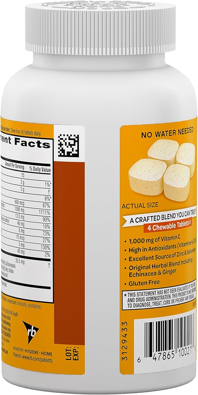 Airborne 1000mg Chewable Tablets with Zinc, Immune Support Supplement with Powerful Antioxidants Vitamins A C & E - 200 Tablets, Citrus Flavor