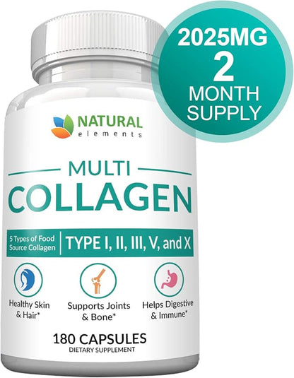 Multi Collagen 180 Protein Capsules - Type I, II, III, V, X Collagen Pills - Proprietary Blend of Eggshell, Chicken, Wild Fish & Grass-Fed Beef Collagen Peptides - 2025mg per serv
