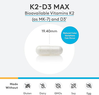 XYMOGEN K2-D3 Max - Vitamin D3 K2 with 180mcg VIT K Per Capsule - Bioavailable Vitamin D 5000 IU (Cholecalciferol) with Vitamin K2 MK-7 - Bone Health + Immune Support Supplement (60 Capsules)