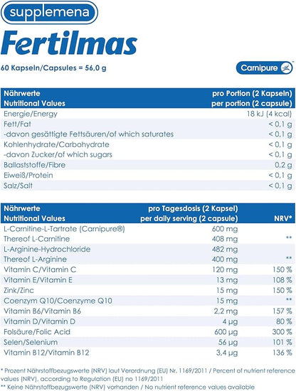 Fertilmas Natural Fertility Support for Men | L-Carnitine, Zinc, Vitamin D3, and Folic Acid | Couples TTC Supplement for Reproductive Health | Made in Germany | 1 Month