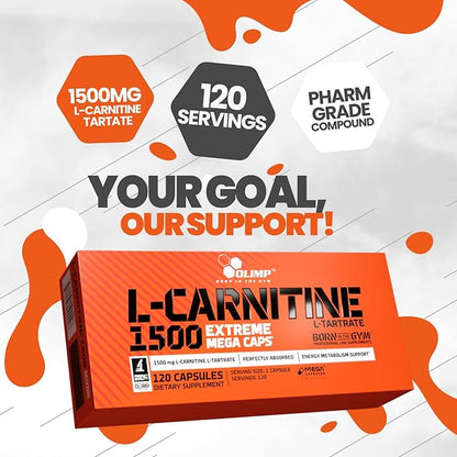 L-Carnitine 1500 Extreme Mega Caps - 120 Capsules, Reduction Booster, Best l carnitine in Tartrate Form, Supplement That Improves Performance