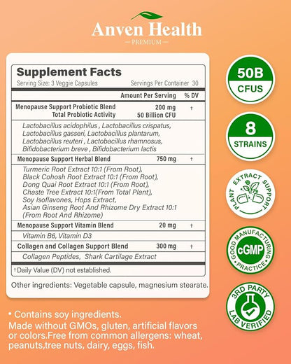 Menopause Supplements for Women - Probiotics for Menopause Relief, Hot Flashes, Night Sweats, Bloating & Gut Health with Herbs, Collagen, Vitamins, Gluten Free & Non-GMO | 180 Veggie Caps