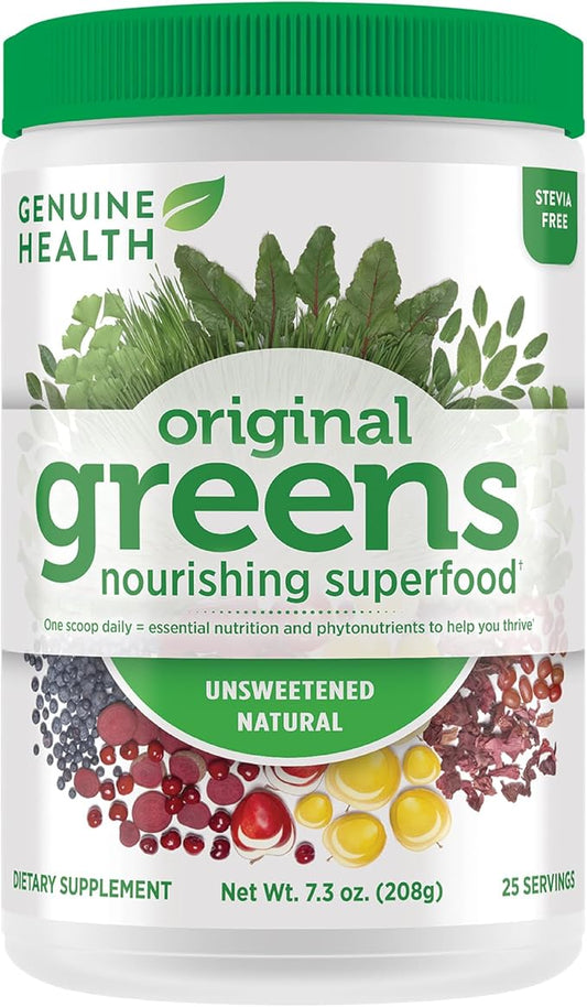 Genuine Health Greens+ Original Superfood Powder - Unsweetened Natural - Stevia Free - Chlorophyll Rich Ingredients, Spirulina, Milk Thistle, Antioxidants -Dairy Free -208g-25 Servings