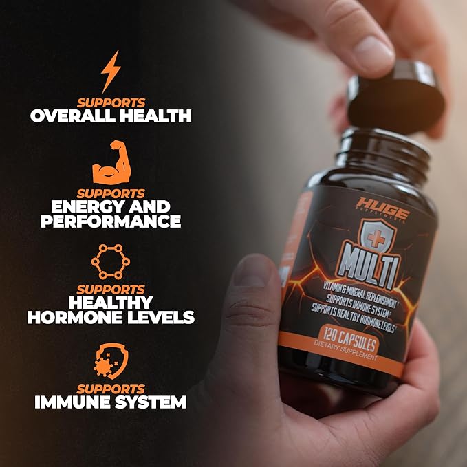 Huge Multi, Multivitamin for Men, High-Performance All-in-One Formula for Athletes & Bodybuilding, Vitamin & Mineral Replenishment, Supports Immune System & Healthy Hormone Levels (120 Capsules)