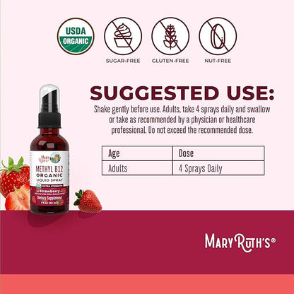 MaryRuth Organics Vitamin B12 Liquid Spray | Vegan, Non-GMO, Gluten-Free | USDA Organic Supplement | Energy & Nervous System Support | B12 Vitamins for Women & Men | 720 mcg | 1 Fl Oz
