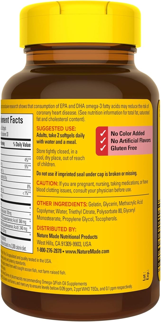Nature Made Burp-Less Fish Oil 1200 mg, 60 Softgels, Fish Oil Omega 3 Supplement For Heart Health (Pack of 3)