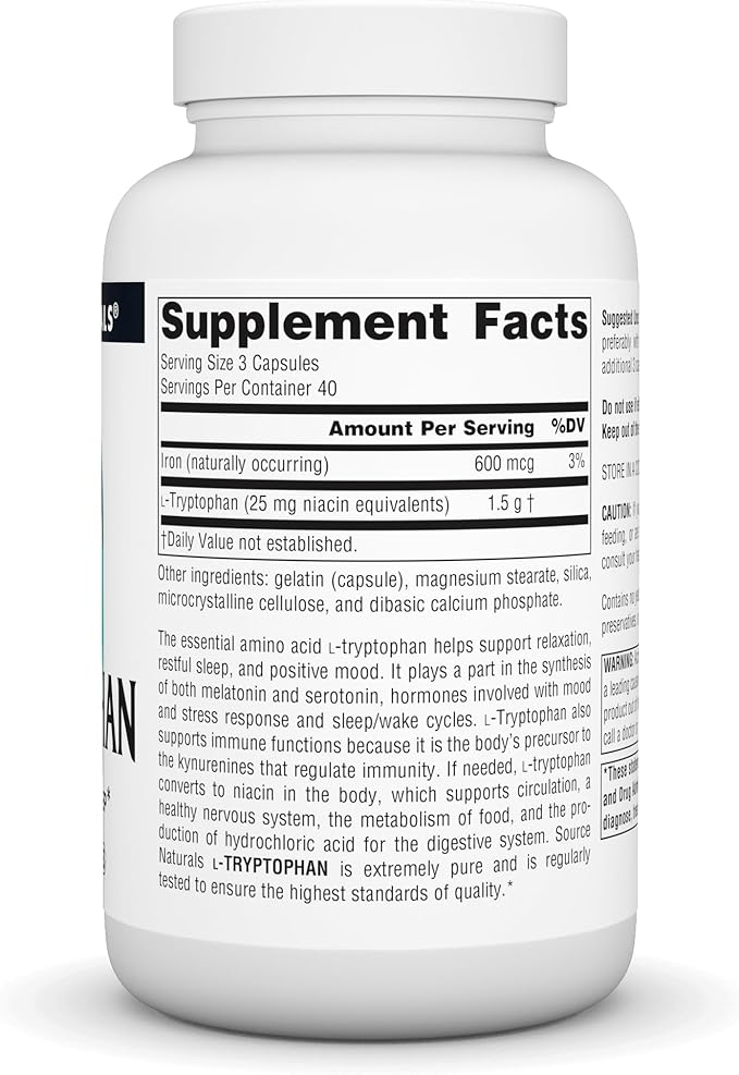 Source Naturals L-Tryptophan, for Mood, Relaxation, and Sleep*, 500mg - 120 Capsules