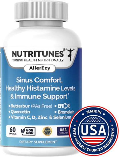 AllerEzy – Supports Healthy Histamine Levels, Sinus Comfort, and Immune Health with Butterbur, EpiCor, Quercetin, Bromelain, Vitamins C and D, Zinc, and Selenium – 60 Capsules
