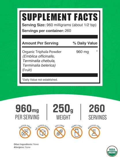 BulkSupplements.com Organic Triphala Powder - Triphala Supplements with Amla, Haritaki, and Bibhitaki - Gluten Free, 960mg per Serving, 250g (8.8 oz) (Pack of 1)