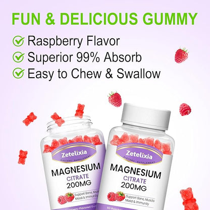 Magnesium Citrate Gummies, High Absorption Magnesium Gummies for Adults, Muscle & Teeth Support, 60 Vegan Natural Raspberry Gummies