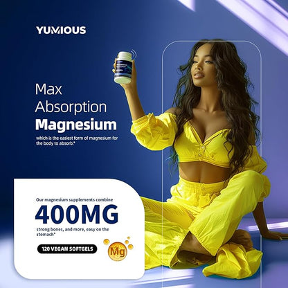 Magnesium Supplement Softgels, Easy Absorption Magnesium Glycinate Gelatin Capsule 400mg, High Bioavailability Magnesium for Sleep & Calm Support, Nervous, Muscle & Bone Health