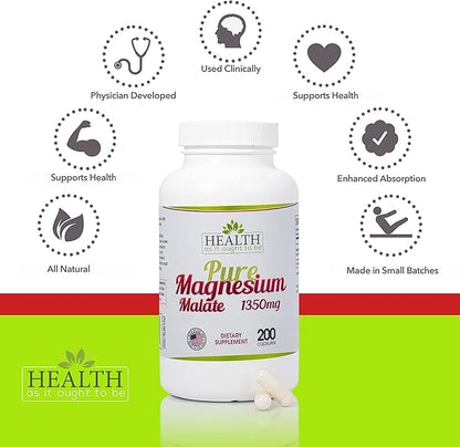 Health As It Ought To Be Pure Magnesium Malate 1350 mg Supplement | Physician Formulated & Highly Absorbable | 200 Capsules