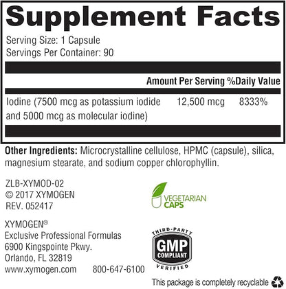 XYMOGEN XymoDine Iodine Supplement - High Potency Iodine 12.5 g to Support Healthy Synthesis of Thyroid Hormones - Potassium Iodide with Molecular Iodine (90 Vegetarian Capsules)