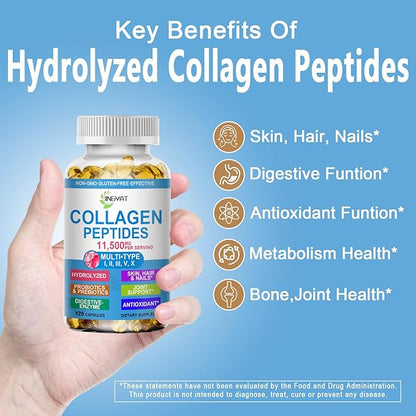 Collagen Peptides Softgels, Multi Collagen Peptides w/ Glucosamine Chondroitin MSM Biotin, Hydrolyzed Collagen Peptides Complex for Women Supports Skin Hair Nail Joints Bones Gut Health, Non-GMO