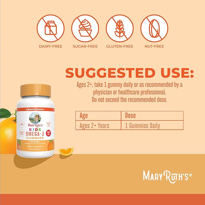 MaryRuth Organics Vegan Omega 3 Gummies for Kids 2+, 2 Month Supply, Sugar Free, Omega 3 Supplement with Vitamin C, Flaxseed Oil, Immune Support, Essential Nutrient ALA, No Fish Taste, 60 Count