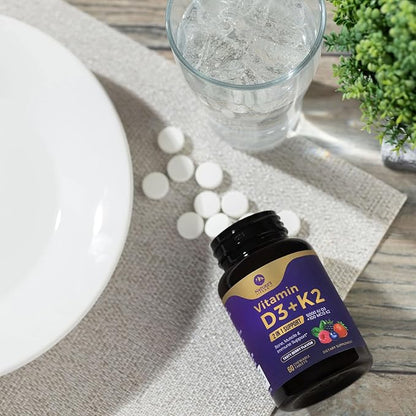 Vitamin D3 5000 iu Plus K2 (MK-7) 100 mcg - 2 in 1 Vitamins D & K Complex - Supports Calcium Absorption, Bone, Immune, & Heart Health – Made in the USA, Non-GMO, Easy to Swallow - 60 Chewable Tablets