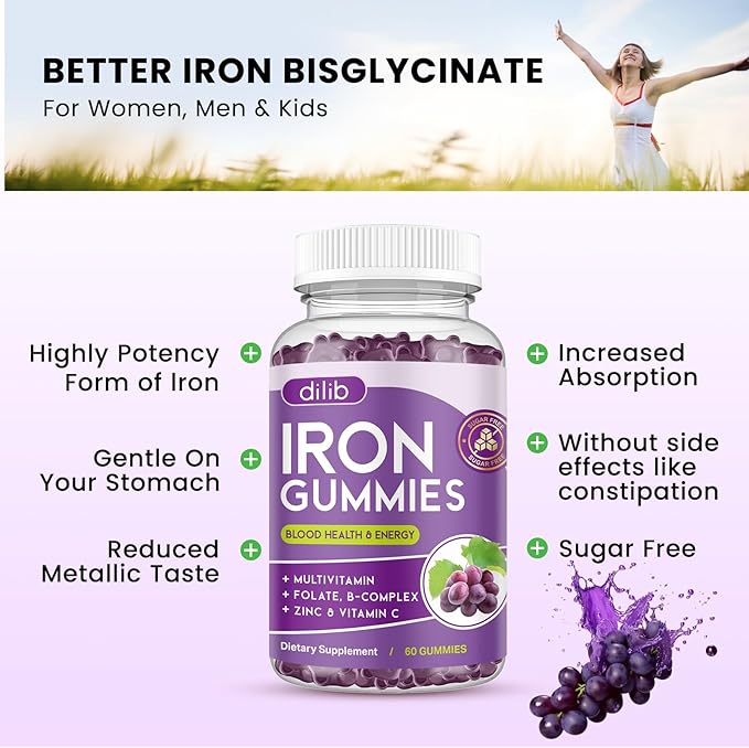 Iron Gummies with Multivitamin, Iron Supplement for Women & Men with Zinc, Vitamin B Complex & C, B12, Folate - Blood Builder & Energy Support for Adults & Kids - Grape Flavor, Vegan 60 Gummies
