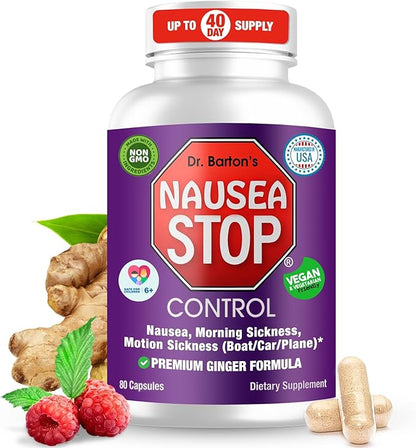 Dr. Barton’s Nausea Stop - Natural Ginger, Non-Drowsy Nausea Relief Pills for Adults & Kids, Anti Nausea, Upset Stomach, Morning Sickness & Pregnancy Nausea - Travel Essentials - 80 Capsules (1 Pack)