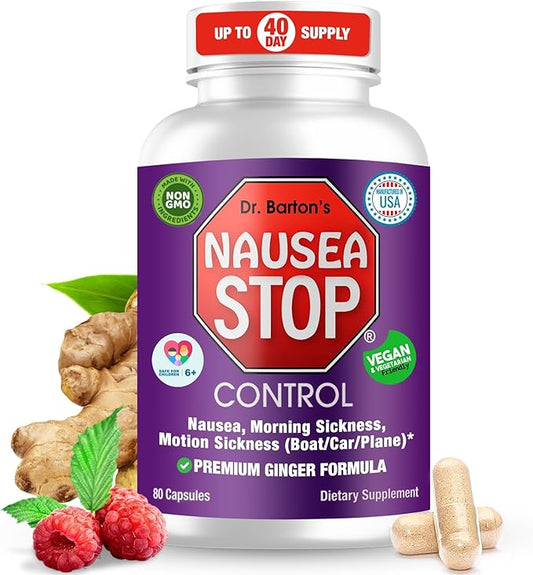 Dr. Barton’s Nausea Stop - Natural Ginger, Non-Drowsy Nausea Relief Pills for Adults & Kids, Anti Nausea, Upset Stomach, Morning Sickness & Pregnancy Nausea - Travel Essentials - 80 Capsules (1 Pack)