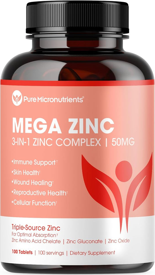 Mega Zinc Supplement, 50mg, 3-in-1 Zinc Complex, 100 Tablets - Pure Micronutrients