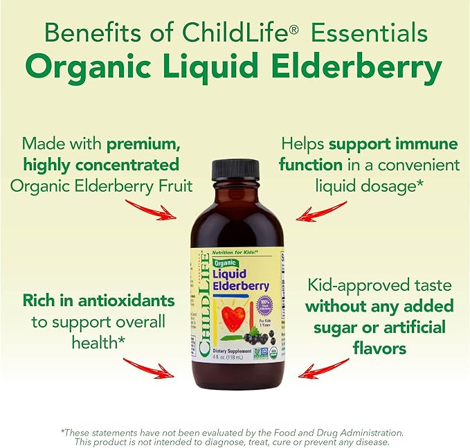 CHILDLIFE Essentials Organic Elderberry Syrup for Kids - Liquid Elderberry for Toddlers, Elderberry Extract Drops, Tincture for Babies, Toddlers, Children - 4 Fl Oz