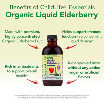 CHILDLIFE Essentials Organic Elderberry Syrup for Kids - Liquid Elderberry for Toddlers, Elderberry Extract Drops, Tincture for Babies, Toddlers, Children - 4 Fl Oz