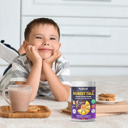 NuBest Tall Protein Powder for Kids & Teens - Chocolate Protein Powder Shake - Protein Drink with Probiotics, Omega 3-6-9, Vitamin D3 + K2, Calcium, Vitamins - Bone Strength and Immunity - Pack 4