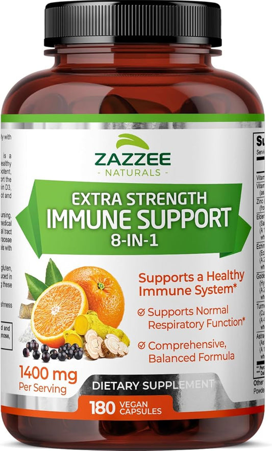 Zazzee Extra Strength 8-in-1 Immune Support, 1400 mg per Capsule, 180 Vegan Capsules, 1000 mg Vitamin C, 1000 IU D3, Zinc, Elderberry, Echinacea, Goldenseal, Turmeric, Astragalus, Made in The USA