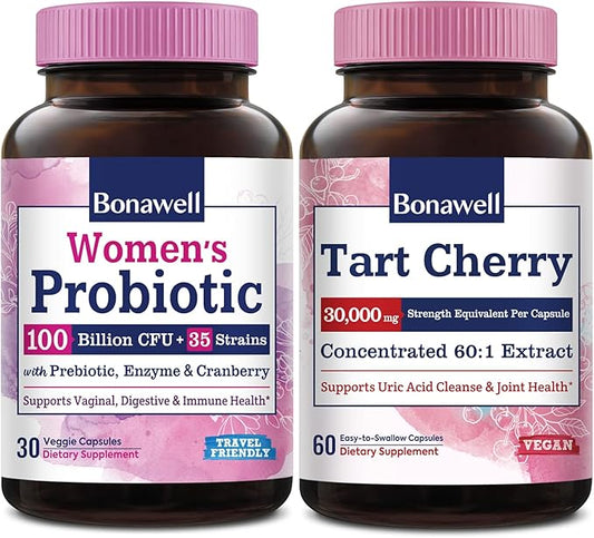 Bonawell Probiotics for Women & Tart Cherry Bundle, Women’s Health, Digestion & Immunity, Uric Acid Control and Cleanse