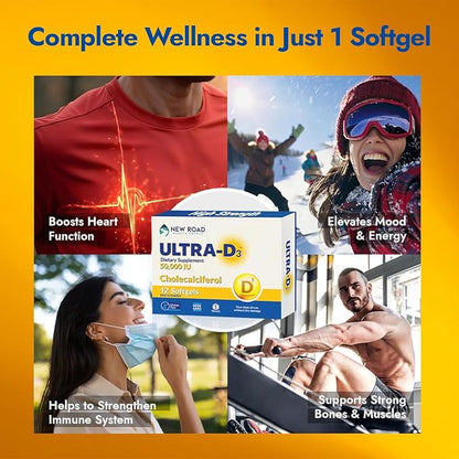 New Road Health Supply - Vitamin D 50000 IU, Once Weekly Dose, Easy to Swallow Vitamin D Softgel for Bones, Teeth, and Immune Support, Gluten Free, 12 Count, Pack of 3