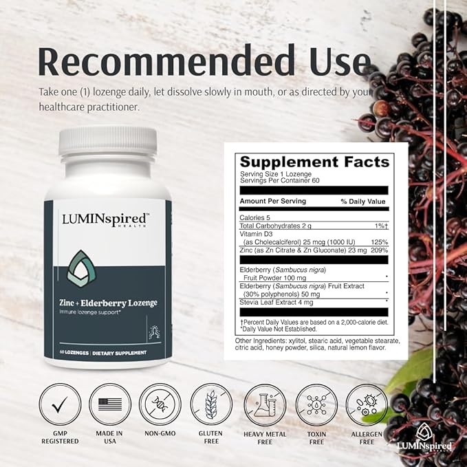 LUMINSPIRED HEALTH Immune Support Zinc Elderberry Lozenges with Vitamin C, Echinacea & Propolis - Natural Berry Flavor, 60 Count, Gluten-Free
