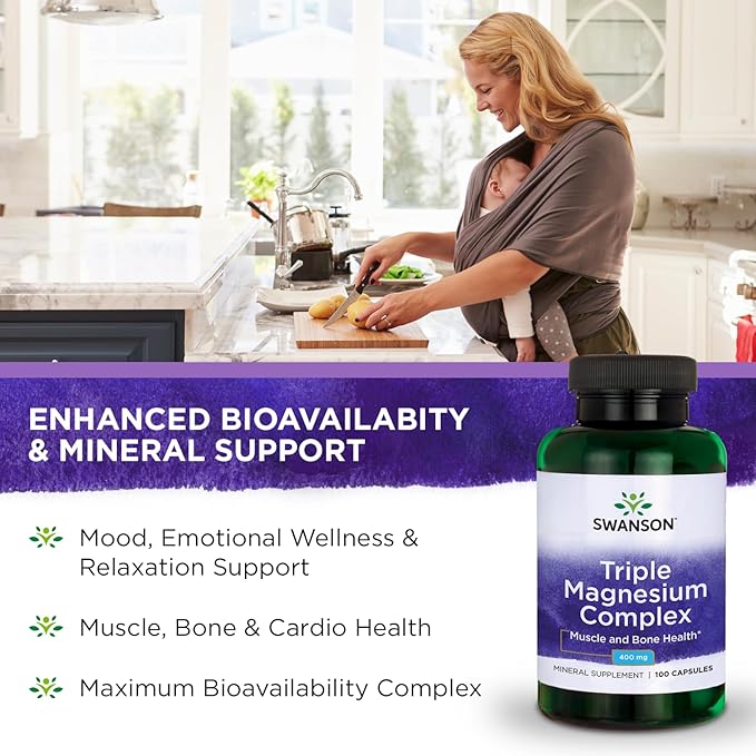 Swanson Triple Magnesium Complex - Mineral Supplement - Natural Support - Featuring Citrate, Oxide & Aspartate - (100 Capsules, 400mg Each)