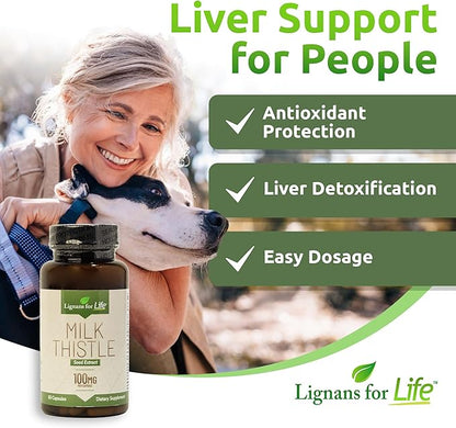 Lignans for Life Milk Thistle Seed Extract Herbal Supplement for Dogs, 100mg - 60 Vegetarian Capsules, Canine Liver Health