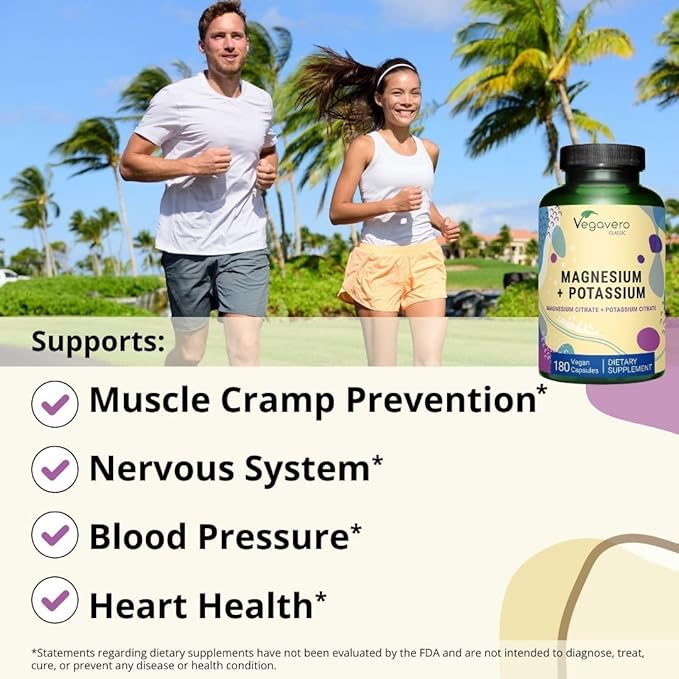 Potassium (250 mg) Magnesium (250 mg) Citrates | Highly Bioavailable Supplement | Blood Pressure, Nervous System, Nerve Support* | Lab-Tested, NO Artificial Additives | 180 Capsules | Vegan