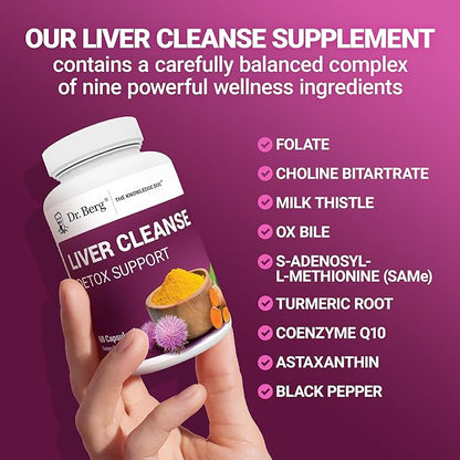 Dr. Berg Liver Cleanse Detox Capsules w/Unique Blend of Milk Thistle, Ox Bile & Folate - Liver Supplement Includes Turmeric, Black Pepper & Choline - 60 Capsules