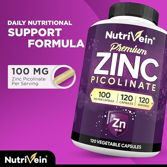 Nutrivein Premium Zinc Picolinate 100mg - 120 Capsules: High-Absorption Zinc Picolinate Supplements - Essential Nourishment for Overall Wellness - Max Bioavailability