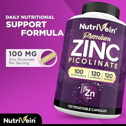 Nutrivein Premium Zinc Picolinate 100mg - 120 Capsules: High-Absorption Zinc Picolinate Supplements - Essential Nourishment for Overall Wellness - Max Bioavailability