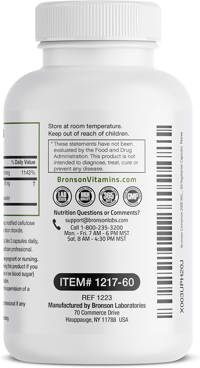 Bronson Cinnamon Plus Chromium Picolinate Supplement, High Potency Chromium, Non-GMO, 60 Vegetarian Capsules