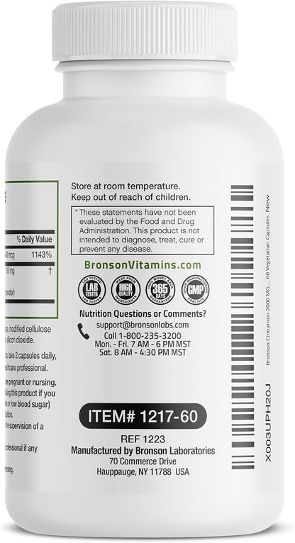 Bronson Cinnamon Plus Chromium Picolinate Supplement, High Potency Chromium, Non-GMO, 60 Vegetarian Capsules