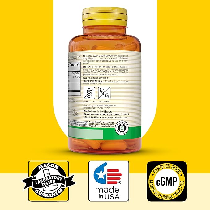 MASON NATURAL Niacin 500 mg Flush-Free, Supports Heart Health, Nervous System & Energy Production, 60 Capsules, Pack of 3