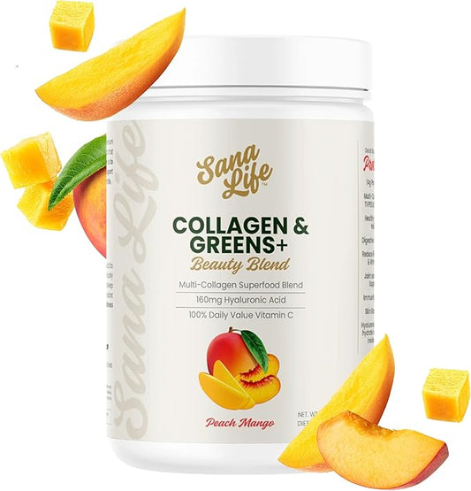 Collagen & Greens Powder, Multi-Collagen Supplement with Hyaluronic Acid for Skin, Hair, Nail & Gut Health - 30 Servings (Peach Mango)