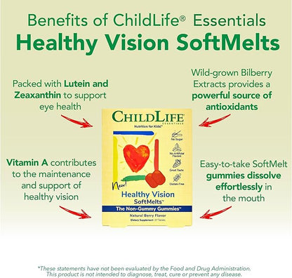 CHILDLIFE ESSENTIALS Healthy Vision SoftMelts - Eye Vitamins for Kids, Lutein Gummies, Lutein and Zeaxanthin Supplements, Eye Health Gummies, Lutein Children, Great Taste - Natural Berry, 27 Tablets