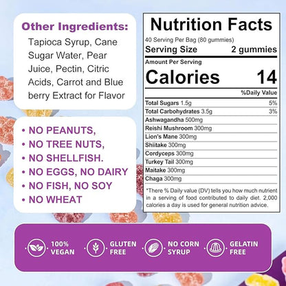 Organic & Functional Mushroom Gummies Supplement ASHWAGANDHA,REISHI,Turkey Tail MAITAKE, SHATAKE Chaga CORDYCEPS BOOSTS Cognitive,Performance Gluten Free,Vegan Low CARB,GUMMIES80