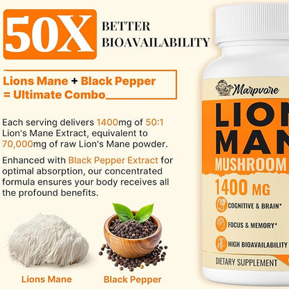 1400mg Lions Mane Supplement Capsules - 50x Strength Potency Brain Supplements for Memory and Focus | Natural Nootropics Brain Supplement for Cognitive, Clarity, Concentration & Energy - 60 Caps