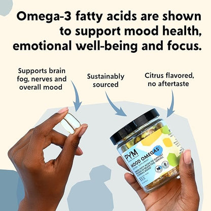 Omega-3 Supplement by PYM for Mood and Emotional Support (60 Count) | Omega-3 Fatty Acids, DHA, EPA & Vitamin E | Non-GMO, Gluten-Free, No Added Sugar