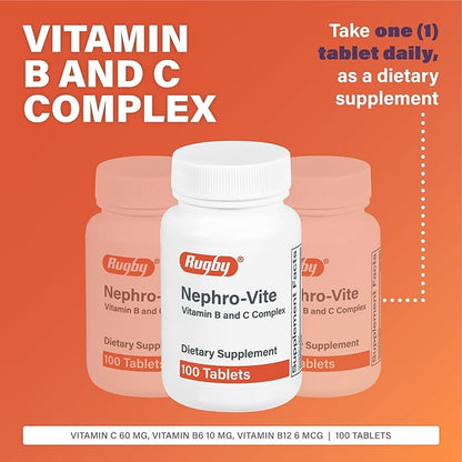 Rugby Nephro-Vite Vitamin B and C Complex Tablets - Dietary Supplement - 100 Tablets