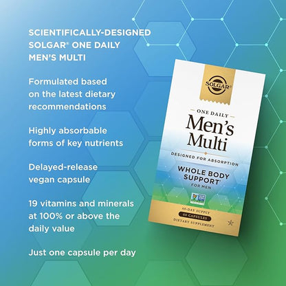 Solgar One Daily Men's Multivitamin Whole Body Support Supplement, Highly Absorbable Delayed Release One Daily Multi Vitamin Capsules for Men - Immune Heart Energy Stress & Muscle Health, 60 Servings