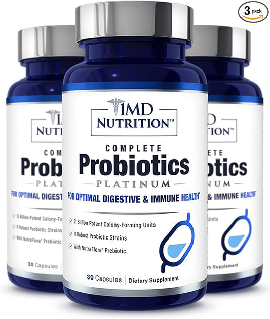 1MD Complete Probiotics Platinum | Supports Digestive Health | with Nourishing Prebiotics, 51 Billion Live CFU, 11 Strains, Dairy-Free | 30 Vegetable Capsules (3-Pack)