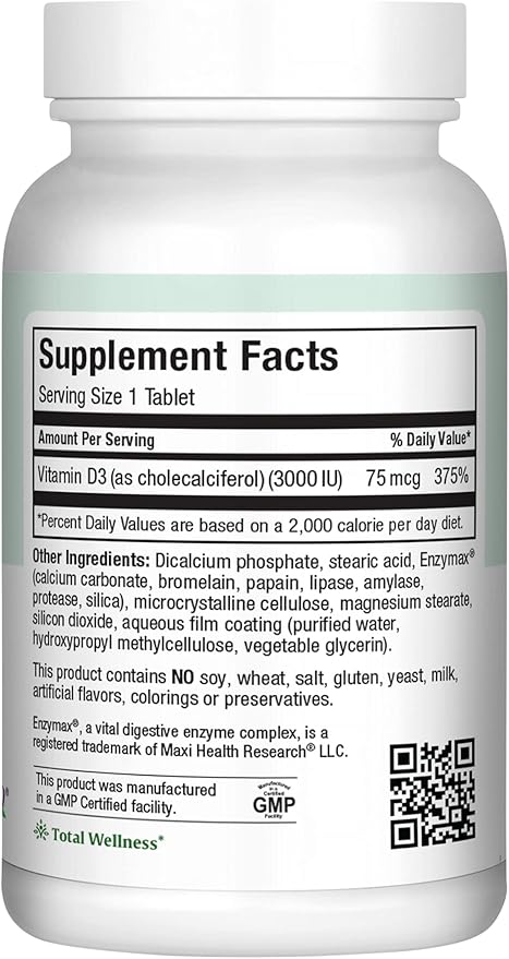 Maxi Health D3 3000 - Supports Bone Health and Immune System - Prevents Vitamin D Deficiency - 3000IU Tablets Contain 75 MCG per Serving to Support Bone Health (180 Tablets)
